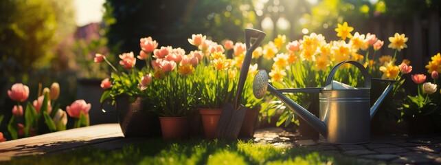 Spring garden scene with watering can, flowers, plants and gardening tools