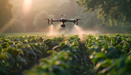 Fototapeta premium Agriculture drone fly to spray fertilizer. Smart farmer use drone for various fields like research analysis, terrain scanning technology, smart technology concept.