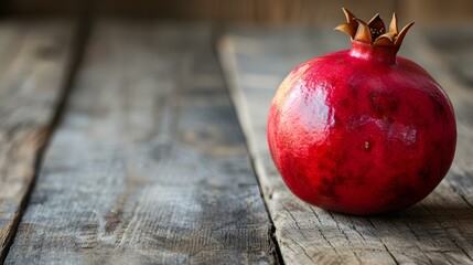 Close up of a fresh Pomegranate on a rustic wooden Table