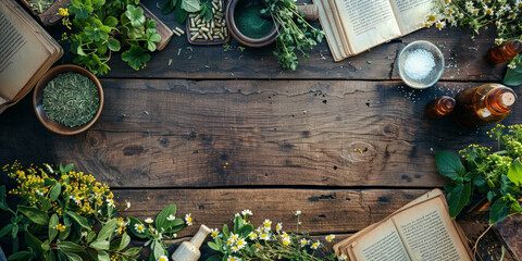 Herbalist table with plants and ancient books on natural medicine - obrazy, fototapety, plakaty