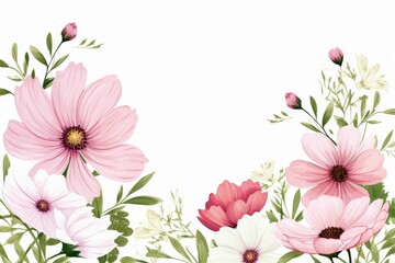 watercolor cosmos clipart with delicate pink and white flowers. flowers frame, botanical border.Colorful flower clipart for summer or autumn design of wedding invitation, print, greeting, sublimation.