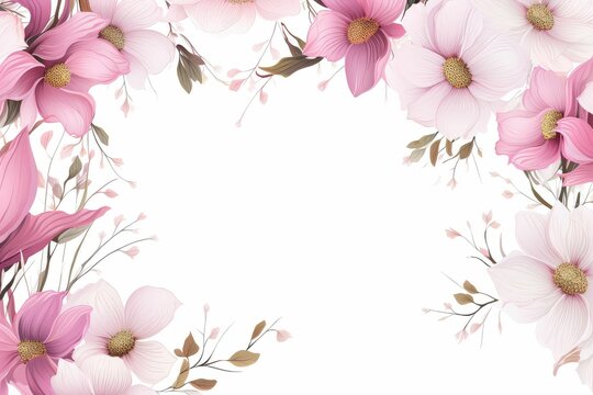 watercolor cosmos clipart with delicate pink and white flowers. flowers frame, botanical border.Colorful flower clipart for summer or autumn design of wedding invitation, print, greeting, sublimation.