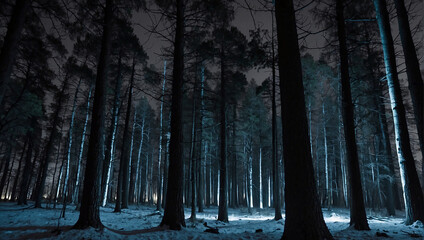 A dark forest with snow on the ground and a blue light shining through the trees.

