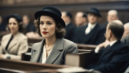 Generative AI. Court of Justice Female Public Defender Presenting Case, Making Passionate Speech to Judge. Protecting Client's Innocents with Supporting Argument. Old London bowlers hat.