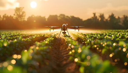Agriculture drone fly to spray fertilizer. Smart farmer use drone for various fields like research analysis, terrain scanning technology, smart technology concept.