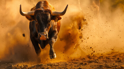 Charging bull in a cloud of dust at sunset - This dynamic image captures the essence of raw power and untamed spirit as a bull charges through the dust - obrazy, fototapety, plakaty