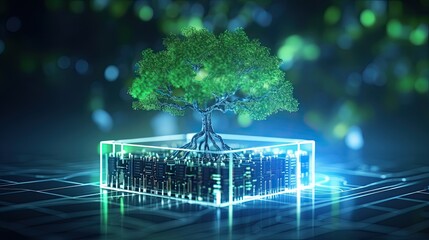 Tree growing on circuit digital board, Digital and Technology Convergence, Green Computing or Green Technology, - obrazy, fototapety, plakaty