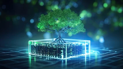 Foto op Plexiglas Tree growing on circuit digital board, Digital and Technology Convergence, Green Computing or Green Technology, © neirfy