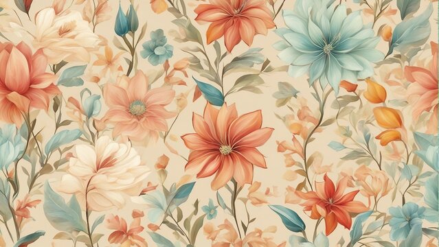 Generative AI. Graphic Seamless floral pattern with flowers and leaves for photo frame, wallpaper, cushions, pillow covers, diary covers, book covers, or any creative printing requirement. Botanical 