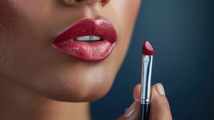 A person applying lipstick with a lip brush for precise application, highlighting lip makeup.  - obrazy, fototapety, plakaty