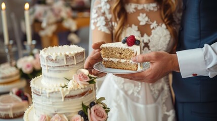Newlyweds sharing a slice of wedding cake together. 