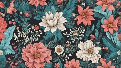 Generative AI. Graphic Seamless floral pattern with flowers and leaves for photo frame, wallpaper, cushions, pillow covers, diary covers, book covers, or any creative printing requirement. Botanical  - obrazy, fototapety, plakaty