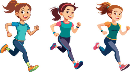 Set of female cartoon characters running