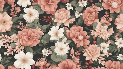 Generative AI. Graphic Seamless floral pattern with flowers and leaves for photo frame, wallpaper, cushions, pillow covers, diary covers, book covers, or any creative printing requirement. Botanical 