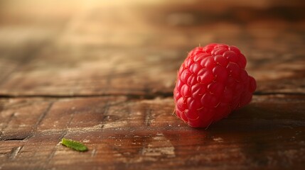 Close up of a fresh Raspberry on a rustic wooden Table