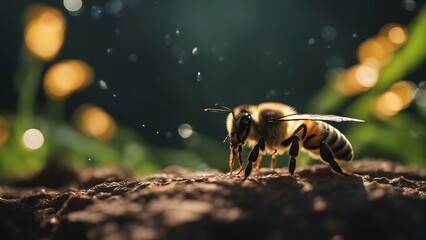 Generative AI. Close up shot of Honey Bee on the flower in a serene environment sucking nector. - obrazy, fototapety, plakaty