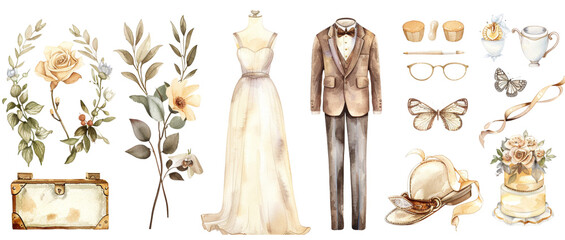 Elegant Watercolor Wedding Elements Collection , transparent background 