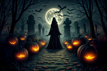 Scenografia di Halloween- Lanterne di Zucca, Figura Umana e Mistero nel Cimitero al Chiaro di Luna - obrazy, fototapety, plakaty