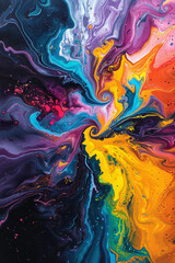 Acrylic paint pouring art, vibrant swirls, top view, dynamic flow, rich colors