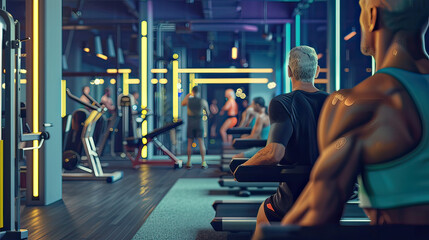 Multigenerational gym session, vibrant 3D render, fitness for all ages, text space