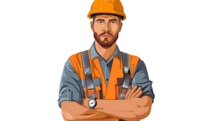 Cartoon art of a construction worker isolated on a transparent background, PNG, Ai