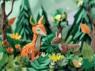 3D nature scene with eco papercraft animal, close focus, ample background space for creativity