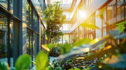 An office building atrium filled with natural light and greenery. 
