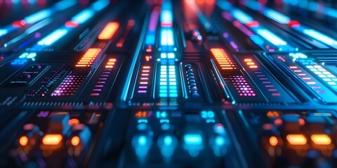 Closeup of control panel with flashing lights and changing numbers representing data transmission through 5G technology. Concept Tech, Data Transmission, 5G Technology, Control Panel, Closeup View