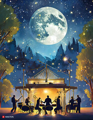 A group of musicians are playing instruments under a full moon