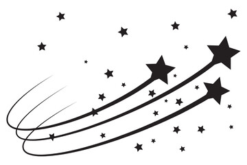 Black falling stars icon. Shooting stars icon vector set. Abstract silhouette of shooting star. Meteorite and comet symbols. Flying comet with tail, falling meteor, abstract galaxy element.  - obrazy, fototapety, plakaty