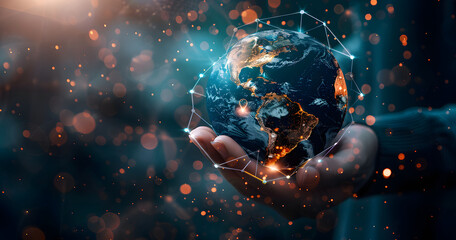 Hand holding earth with digital technology and social media icons, business concept for global network connection or online marketing, generative ai