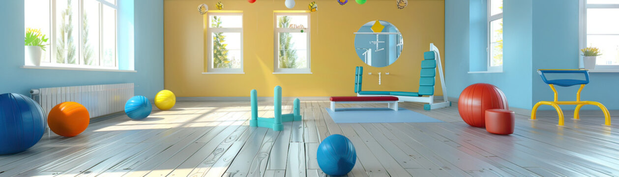 Children's fitness corner in a 3D rendered gym, playful and inviting, space for text