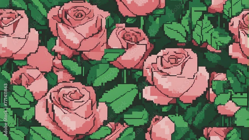 Wall mural pink natural pixel art roses background for wedding or valentine day. generative ai.