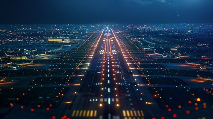 Aerial View of Airport at Night