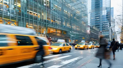 Poster A busy urban street scene with taxis and pedestrians passing by an office building.  © Borin