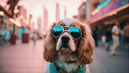 Generative AI. vaporwave cocker spaniel dog in dubai, wearing goggles, shades. stylish and premium dog. Art for dog lovers. - obrazy, fototapety, plakaty