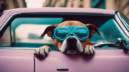Generative AI. Vaporwave dog in Paris, wearing goggles, Pitbull, peeping out of a pink car, wearing shades. Premium look, dog lovers.
