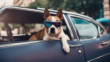Generative AI. Vaporwave dog in Paris, wearing goggles, Pitbull, peeping out of the car in paris, wearing shades. Premium look, dog lovers.
