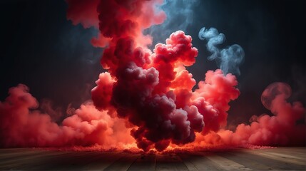 Beautiful red abstract light background with cloudy puffs of smoke with dramatic backlighting backdrop on plain black from Generative AI - obrazy, fototapety, plakaty
