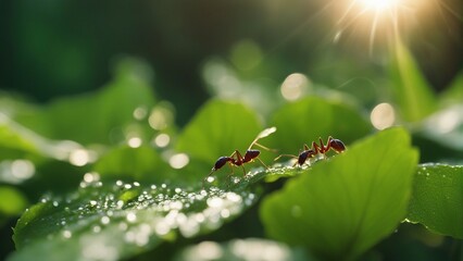 AI-Generated Close-Up Macro Shot of Ants on Leaves, Surrounded by Delicate Dew Drops. Nature's Tiny Workers, Creating Stunning Visual Composition, World of Ants and Serene Beauty of Dew-Covered leaves