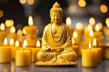 a visual depiction of a peaceful buddha statue in deep meditation, surrounded by soft candlelight and serene ambiance