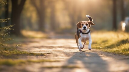 Generative AI. Beautiful shot of adorable beagle dog running on a path freely. Domestic dog, wildlife, nature, design, Pillow cover, painting, photo frame.