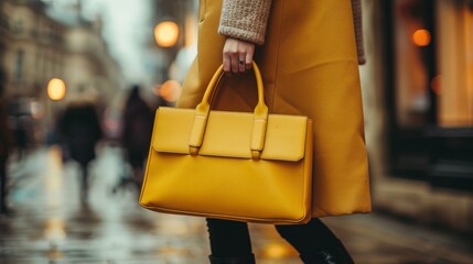 Close up of womens handle yellow leather bucket bag. Woman dressed in pants you see with a yellow leather bucket bag held by hand. Yellow street fashion bucket bag for women. - obrazy, fototapety, plakaty