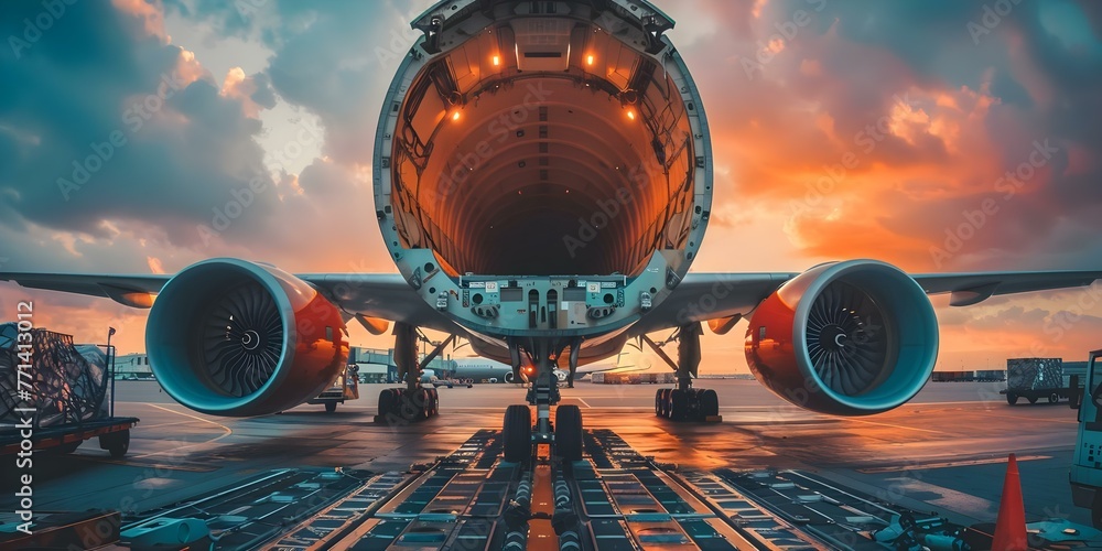 Poster loading platform with cargo being loaded onto a logistic plane for importexport operations. concept 