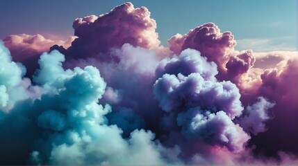 Closeup sky blue to lilac purple color gradient texture surface of cloudy puffs of smoke backdrop background dramatic lighting from Generative AI