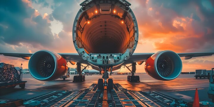 Loading platform with cargo being loaded onto a logistic plane for importexport operations. Concept Logistic Operations, Loading Platform, Cargo Transport, Import/Export, Air Freight