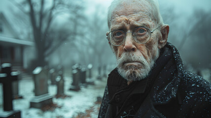 Old man mourns loss amid cemetery's silent grief at he graveyard - obrazy, fototapety, plakaty