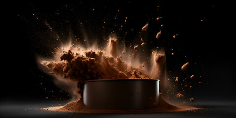 Cocoa powder explosion with lumps on a dark background bowl with a brown powder splashing over it
 - obrazy, fototapety, plakaty