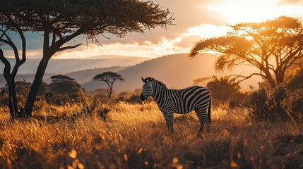 zebras in the savannah golden hour, peaceful evening in Africa - obrazy, fototapety, plakaty