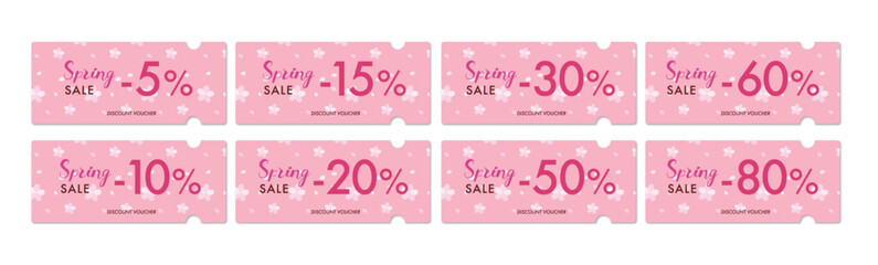 春のセールに使えるキュートなピンクと桜のクーポンベクターアイコンセット（割引率別2）